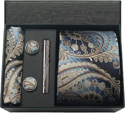 100% Silk Necktie Paisley Floral Mens Tie Top Quality Business Tie Pocket Square Tie Clip Cufflinks Set Classic For Men Gift Box - Ellianto fashion Men's