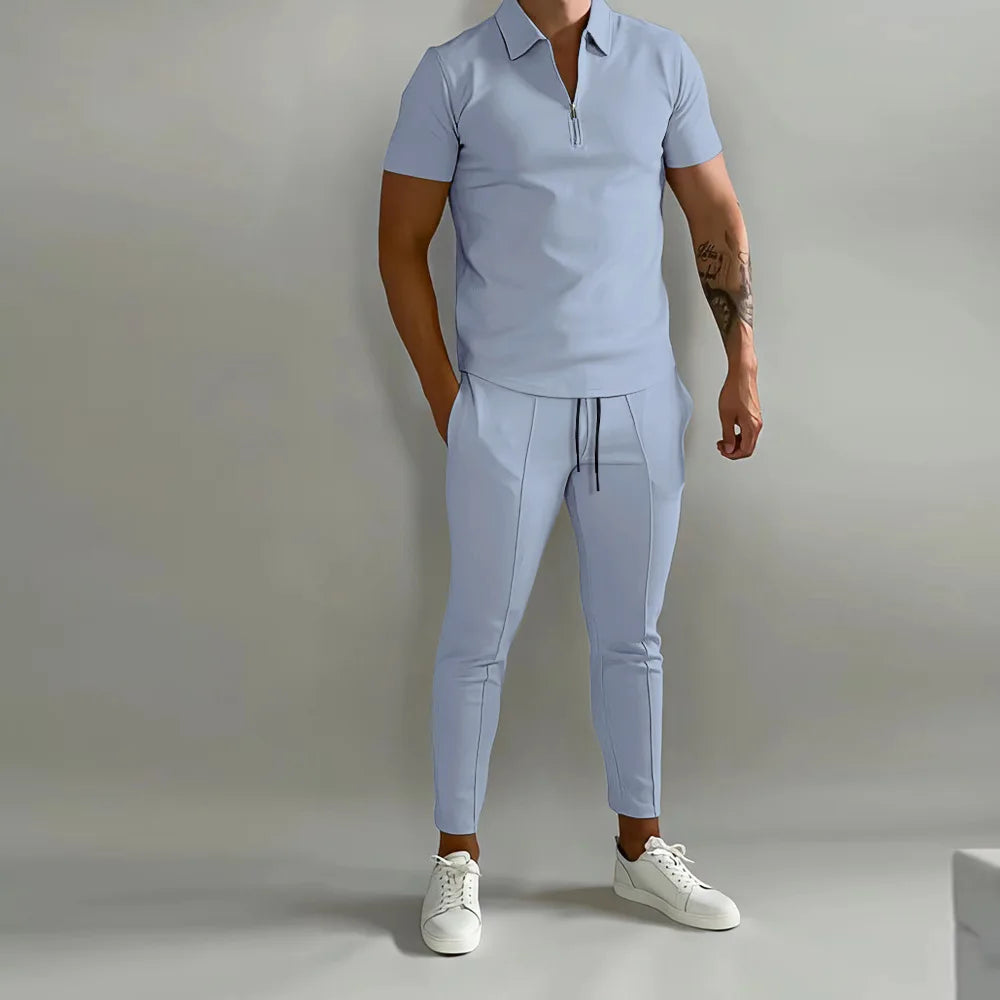 set Spring And Summer New Men's POLO Shirt Short Sleeve Pants Suit Solid Color Simple Fashion Light Daily High Quality Men's Wear - Ellianto fashion Men's