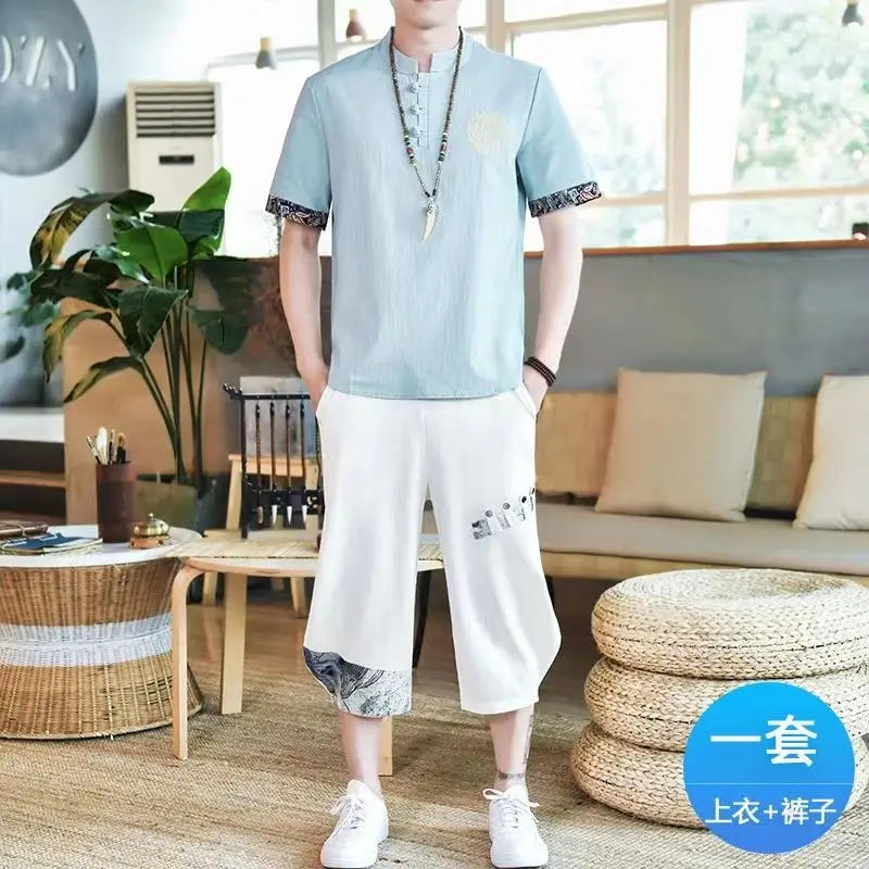 Set Men's Linen Short-Sleeve T-Shirt Summer Style Set Loose Cotton-Linen Retro Embroidered Top Two-Piece Set - Ellianto fashion Men's