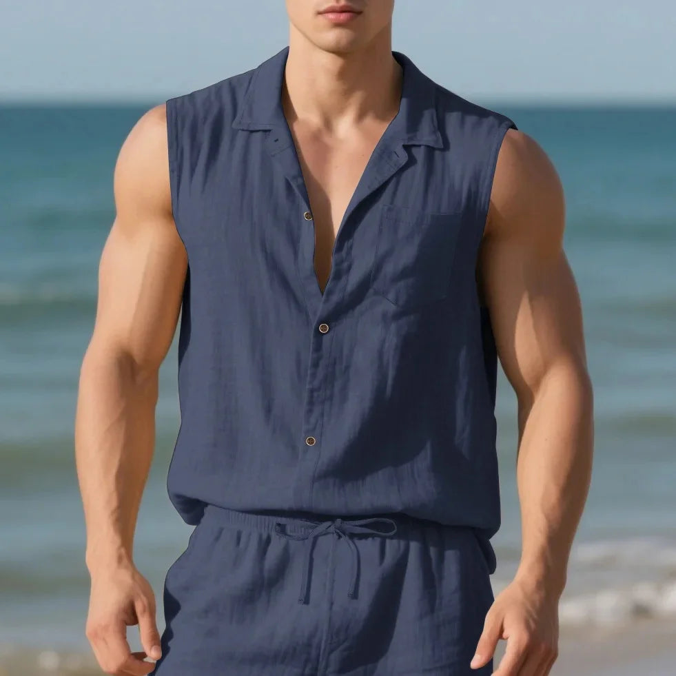 Men’s Summer Linen Sleeveless Open Shirt – Lightweight, Breathable Comfort with Relaxed, Sophisticated Style for the Modern Gentleman