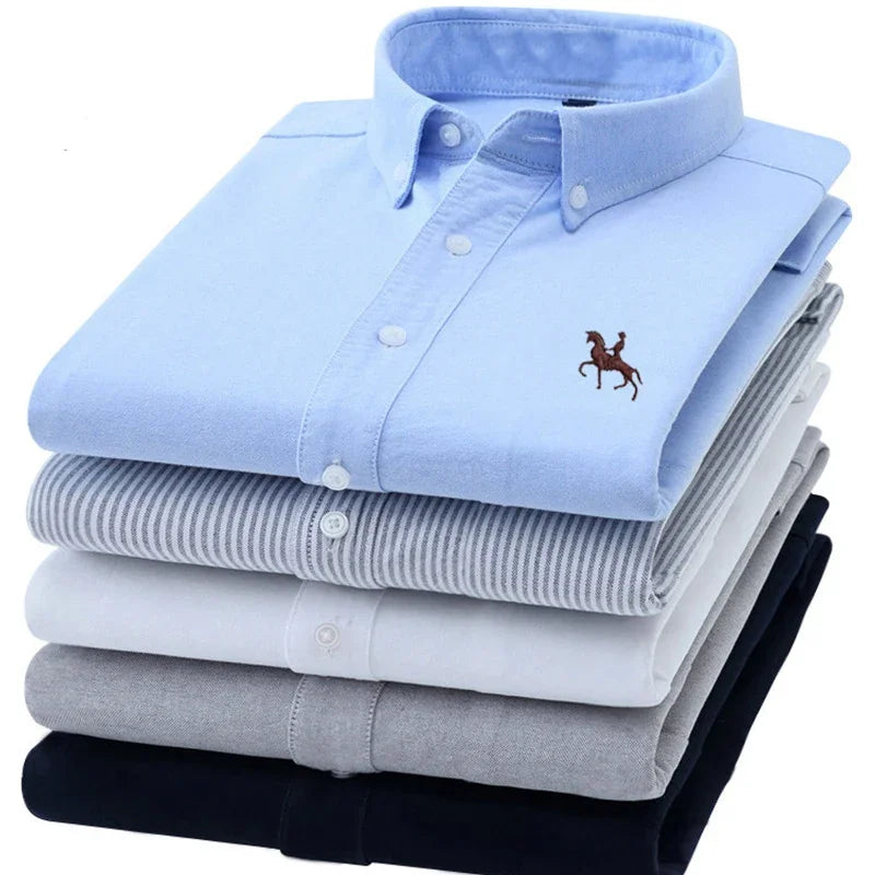Casual Pure Cotton Oxford Mens Shirts Long Sleeve Embroidery Horse Design Regular Fit Fashion Button Man White Dress Shirt - Ellianto fashion Men's