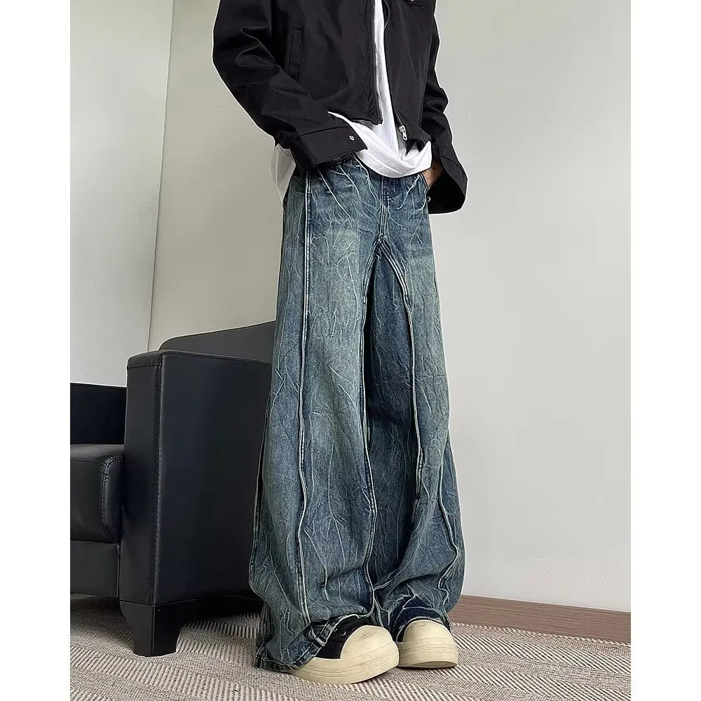 American high street men and women trendy silhouette splicing straight leg jeans couple spring loose retro casual pants - Ellianto fashion Men's