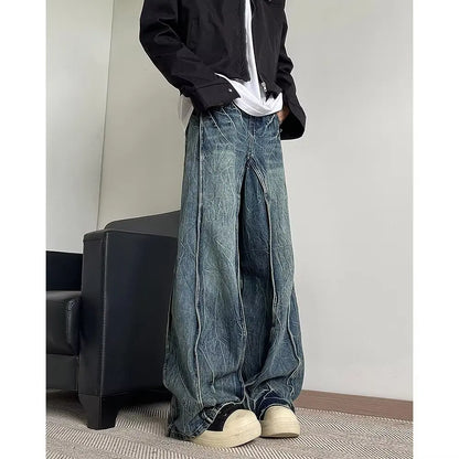 American high street men and women trendy silhouette splicing straight leg jeans couple spring loose retro casual pants - Ellianto fashion Men's