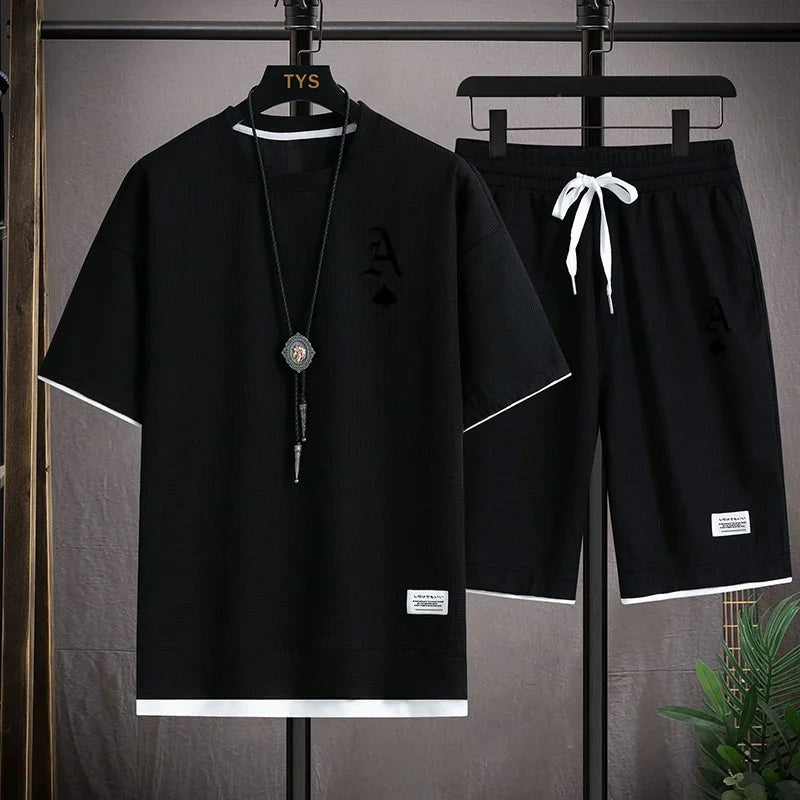 Set A stylish and casual men's sportswear set of short-sleeved T-shirt and summer sportswear shorts, a two-piece set for daily casua - Ellianto fashion Men's