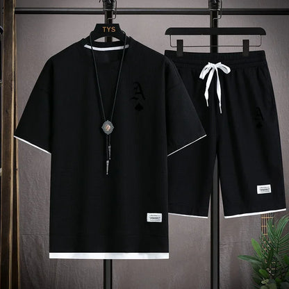 Set A stylish and casual men's sportswear set of short-sleeved T-shirt and summer sportswear shorts, a two-piece set for daily casua - Ellianto fashion Men's