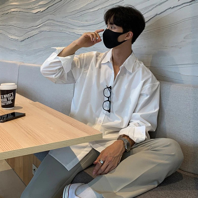 New Korean Business Men Shirts Light Luxury Slim-fit Solid Color Long Sleeve Cardigans Leisure Breathable Solid Color Basic Tops - Ellianto fashion Men's