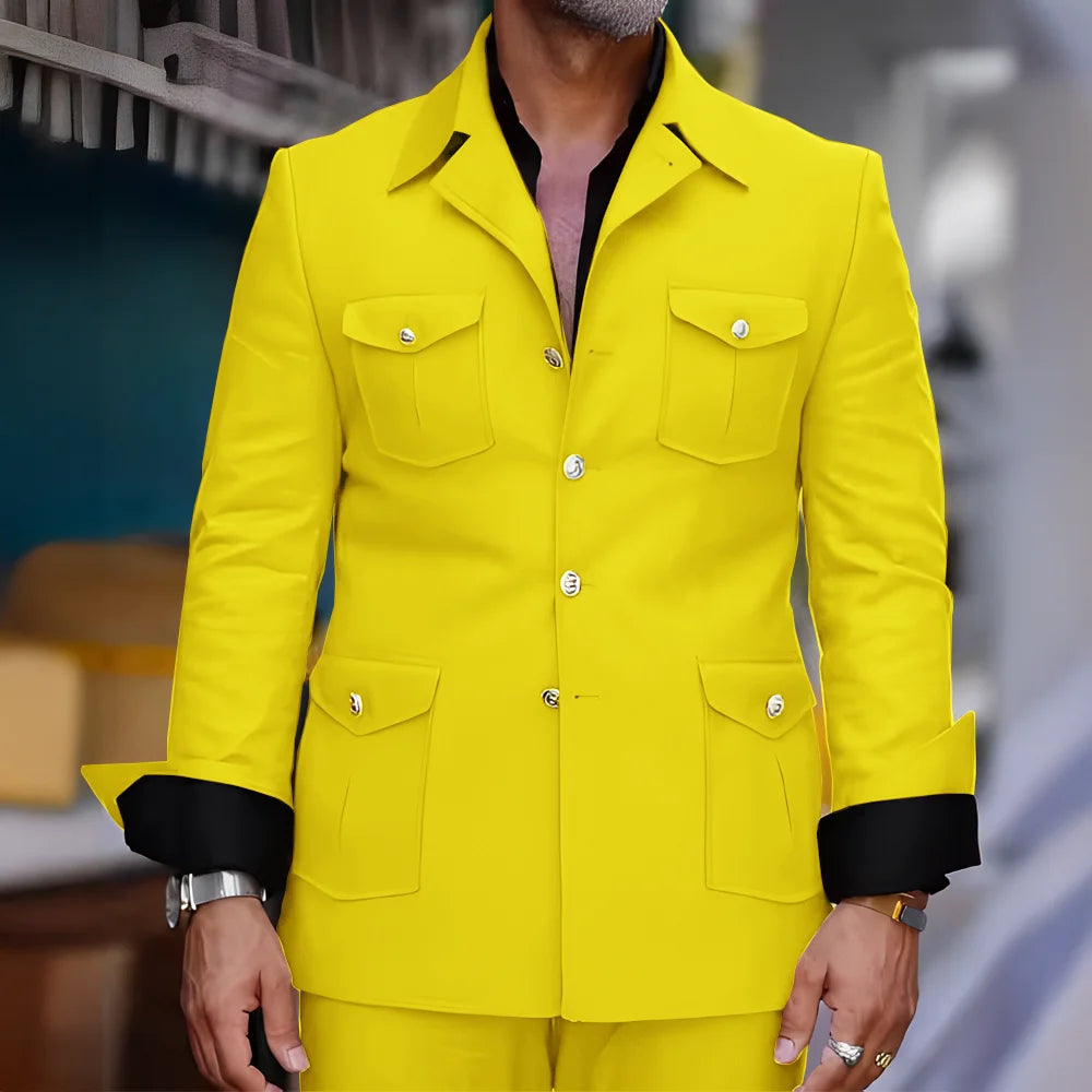 Tailored Casual Men Suits Orange 2 Pieces Set Safari Design Collar Autumn Coat Pant Business Designer Jacket Pant Men Prom Suits - Ellianto fashion Men's