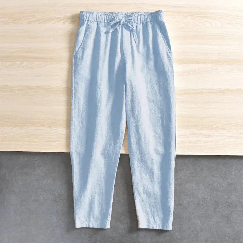 Men's Cotton Linen Casual Pants Baggy Streetwear Men Joggers Sports Trousers Solid Color Long Straight Trendy Pants for Men - Ellianto fashion Men's