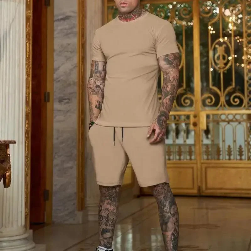 2025 summer new men's breathable sportswear short sleeved t-shirt and shorts set popular quick drying clothing - Ellianto fashion Men's
