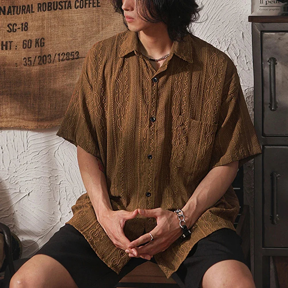 2025 Men Casual Loose Hollow Out Short Sleeve Shirts with pockets Retro Fashion Vacation/Daily All-Match Tops Solid Color - Ellianto fashion Men's
