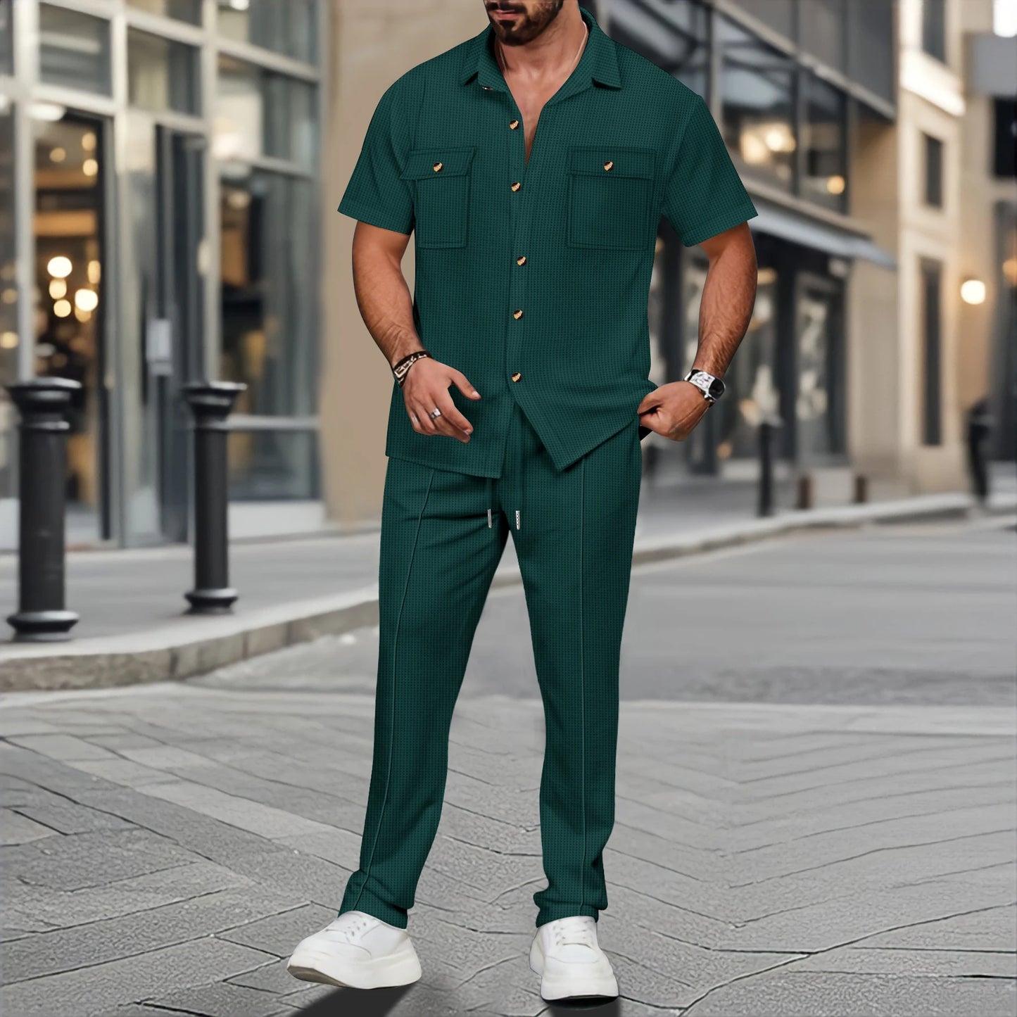 2025 Men's summer new solid color button chest double pocket shirt short sleeve trousers casual two sets - Ellianto fashion Men's