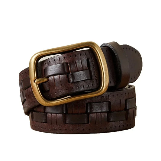 Premium Quality Leather Belt for Men, Handmade Braided Waistband with Retro Style Needle Buckle, First Layer Cowhide Woven Belt - Ellianto fashion Men's