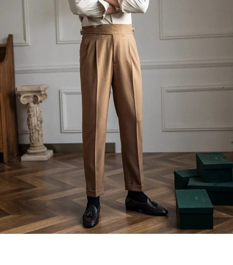 High Waist Straight Leg Casual Men's Trousers Italian Neapolitan Style Versatile Long Pants British Retro Suiting - Ellianto fashion Men's