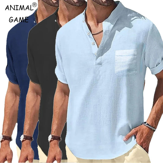 New Men's Short Sleeve Breathable T-shirts Summer Solid Color Basic Pocket Shirts for Men Oversized Half Button Linen Streetwear - Ellianto fashion Men's
