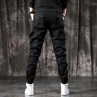 Trendy Men's Spring Autumn Cargo Pants Slim Fit Casual Style Loose Fit American Style Multiple Pocket Small Foot Pants Black - Ellianto fashion Men's