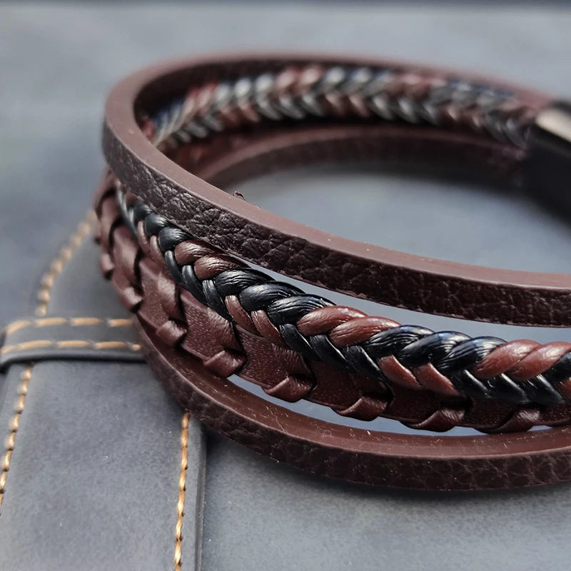 MingAo Men's Bracelet Fashion Multilayer Leather Stainless Steel Magnet Buckle Bracelet Birthday Jewelry Men's Accessories Gift - Ellianto fashion Men's