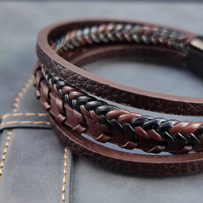 MingAo Men's Bracelet Fashion Multilayer Leather Stainless Steel Magnet Buckle Bracelet Birthday Jewelry Men's Accessories Gift - Ellianto fashion Men's