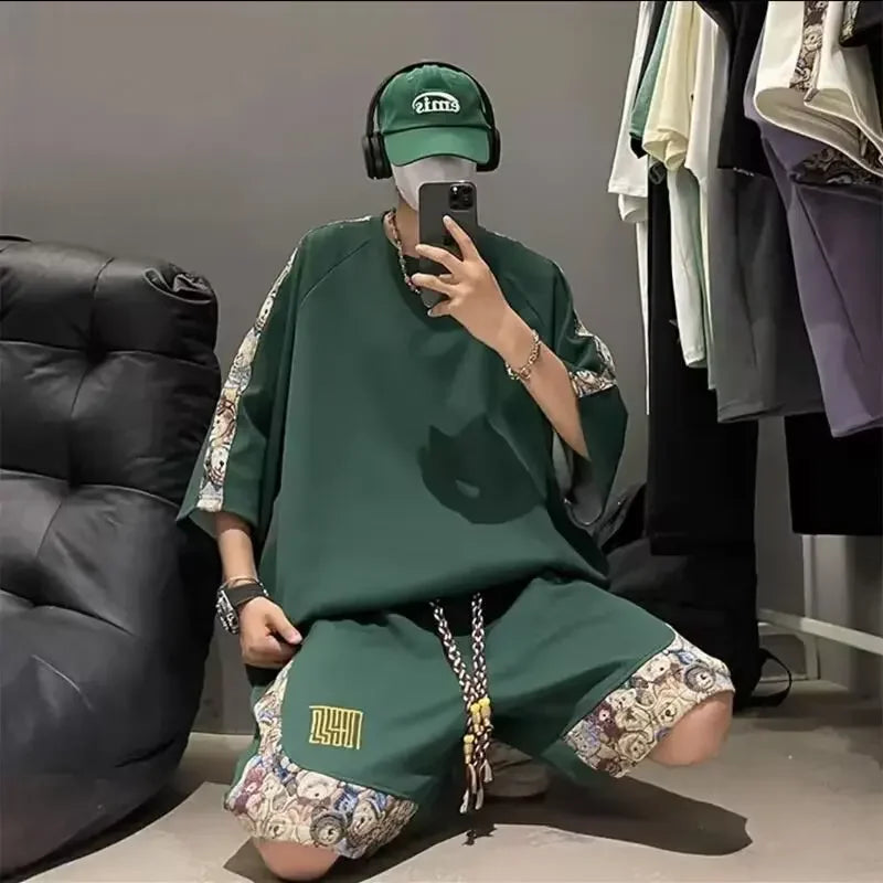 Chinese Style Men's Loose-fit Short Sleeve T-shirt Patchwork Design Sensibility Summer Sport Casual 2-piece Set - Ellianto fashion Men's