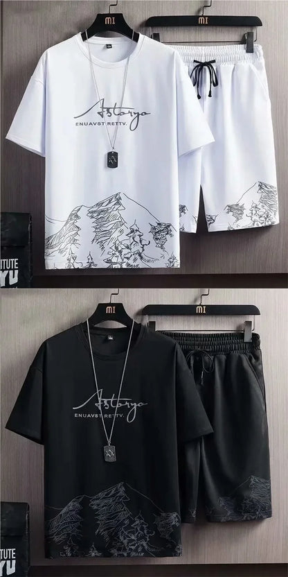 Ice Sensation Loose Fit Summer Short Sleeve Basketball Men's T-Shirt Set Quick Dry Breathable Comfortable Two Piece Suit - Ellianto fashion Men's