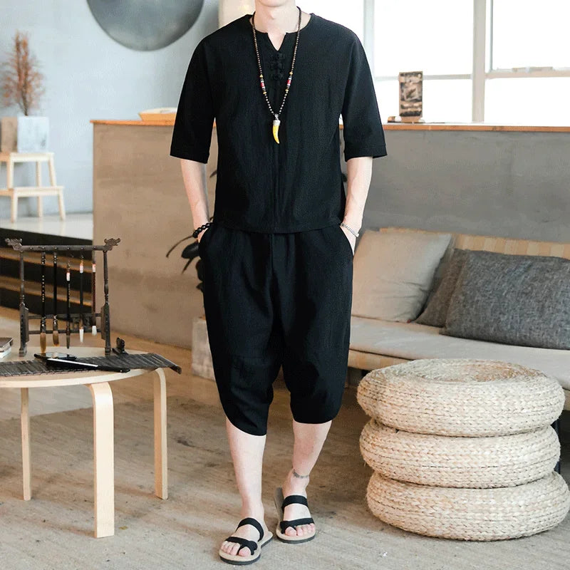 Men's Loose-fit Casual Pants Set Chinese Style Cotton Linen Short Sleeve Shirt Seven-point Shorts Two-piece Suit - Ellianto fashion Men's