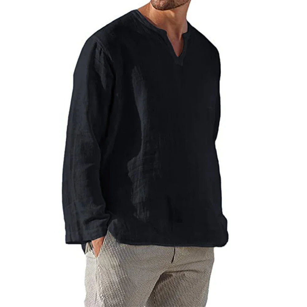 Men's Cotton Linen Shirt Cozy Solid Color Long Sleeve Breathable Tops V Neck Casual Blouse Hawaiian Shirt Lightweight Shirts - Ellianto fashion Men's