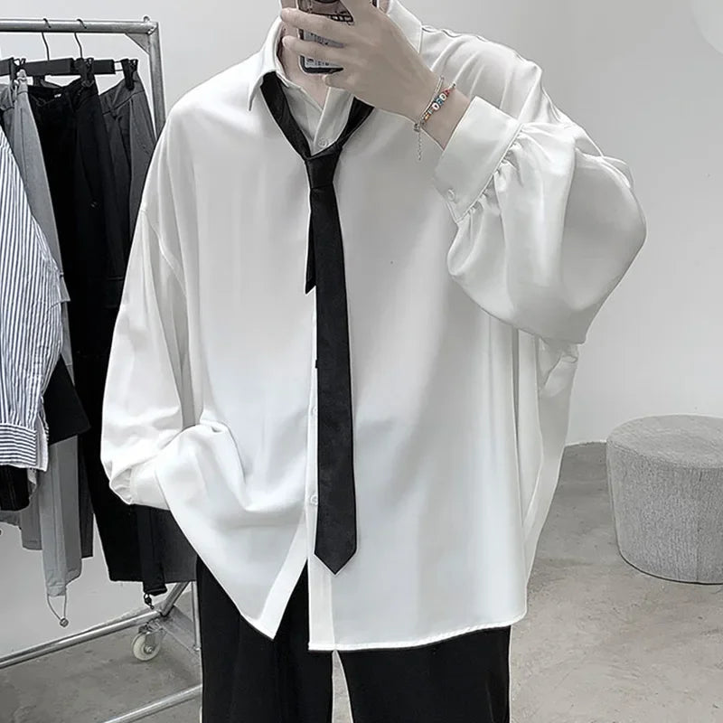 Korean Style Men's Long-sleeved Shirts Black Tie Cozy Casual Solid Oversize Blouses Breathable Loose Shirt Harajuku Male Clothes - Ellianto fashion Men's