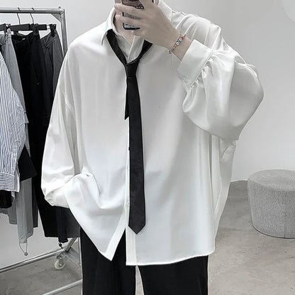 Korean Style Men's Long-sleeved Shirts Black Tie Cozy Casual Solid Oversize Blouses Breathable Loose Shirt Harajuku Male Clothes - Ellianto fashion Men's