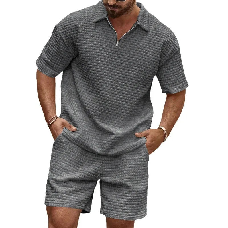2025 European and American Men's Spring and Summer Trends Youth Outdoor Lapel Small Plaid Short Sleeve Shorts Sports Suit - Ellianto fashion Men's