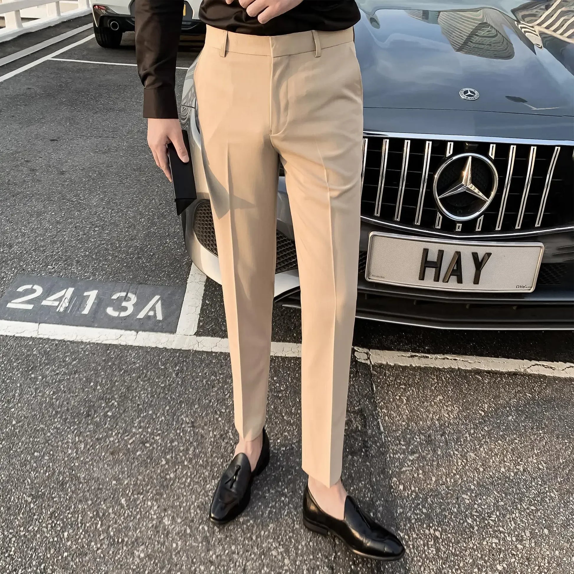 2025 Tressed Male Suit Trousers White Slim Fit Men's Summer Pants Straight 2024 Luxury Formal Work Wear New In Fabric Elegant Luxury - Ellianto fashion Men's