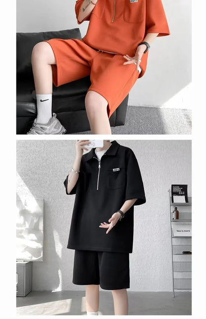 Ice Silk Short Sleeve Polo Shirt Men Summer Trendy Shorts Casual Sports Set Seven Half Zipper Comfortable Thin Male Clothing - Ellianto fashion Men's
