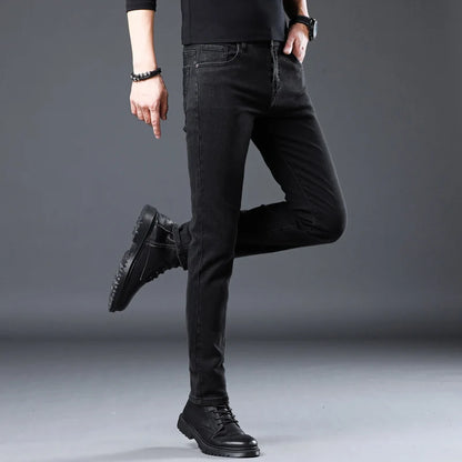 Korean black gray Skinny Tight Business Fashion Men Slim Fit Jeans Trendy Stretch denim Casual Small Legs Men's Pencil Pants - Ellianto fashion Men's