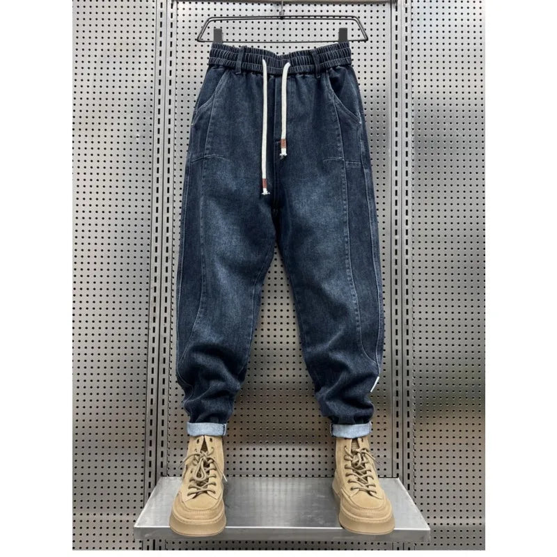 New 2025 Designer Clothes Man Vintage Retro Men's American Style Loose Wide Leg Harem Jeans with Fleece Lining Low Rise Jeans - Ellianto fashion Men's