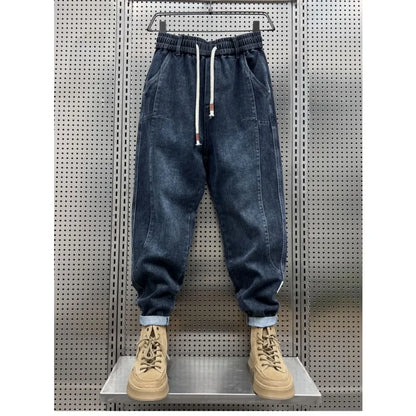 New 2025 Designer Clothes Man Vintage Retro Men's American Style Loose Wide Leg Harem Jeans with Fleece Lining Low Rise Jeans - Ellianto fashion Men's