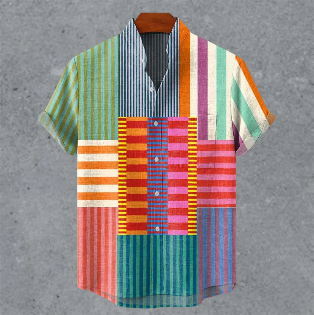 Art retro vintage men's shirt with mottled marks, standing collar printed short sleeved shirt, casual and comfortable top S-5XL - Ellianto fashion Men's