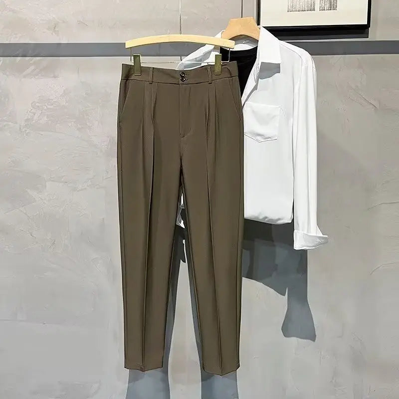 Straight Slim Fit Man 9 Cropped Suits Pants Vintage Elegant Suit Trousers for Men Summer 2025 Work Wear Fashion Luxury Clothing - Ellianto fashion Men's