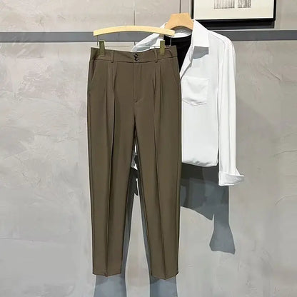 Straight Slim Fit Man 9 Cropped Suits Pants Vintage Elegant Suit Trousers for Men Summer 2025 Work Wear Fashion Luxury Clothing - Ellianto fashion Men's