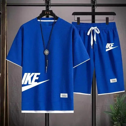 2025 Men's breathable short-sleeved T-shirt + jogging shorts two-piece summer fashion quick-dry fitness leisure sports suit - Ellianto fashion Men's