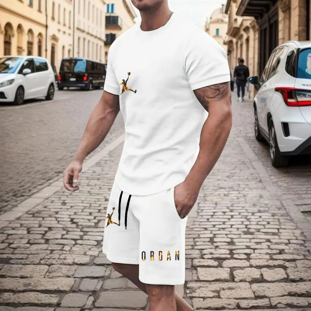 Set New Men's Fashionable Tracksuits Casual Clothing Summer Sports O-Neck Short-Sleeved T-Shirt & Drawstring Shorts Breathable Suit - Ellianto fashion Men's