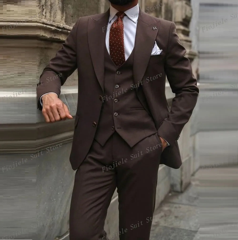New Beige Business Suit Men Tuxedos Groom Groomsman Prom Wedding Party Formal 3 Piece Set Jacket Vest Pants - Ellianto fashion Men's