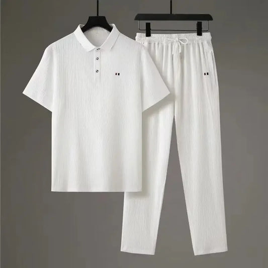 Summer Men's Casual Thin Collar Two-Piece Suit Full Set Fashionable Lightweight Breathable Comfortable Male Clothing Ensemble - Ellianto fashion Men's