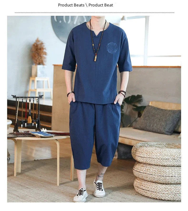 Men's Loose-fit Casual Pants Set Chinese Style Cotton Linen Short Sleeve Shirt Seven-point Shorts Two-piece Suit - Ellianto fashion Men's