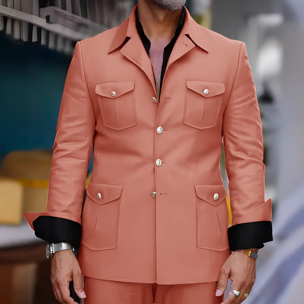 Tailored Casual Men Suits Orange 2 Pieces Set Safari Design Collar Autumn Coat Pant Business Designer Jacket Pant Men Prom Suits - Ellianto fashion Men's