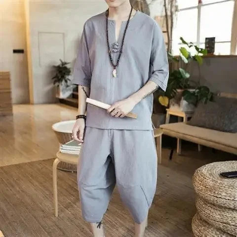 New Summer Linen Set Men's Chinese Style T-shirt Short Sleeve Two-piece Loose Seven Pants Set Male Comfortable Breathable - Ellianto fashion Men's