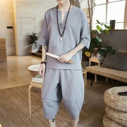 New Summer Linen Set Men's Chinese Style T-shirt Short Sleeve Two-piece Loose Seven Pants Set Male Comfortable Breathable - Ellianto fashion Men's