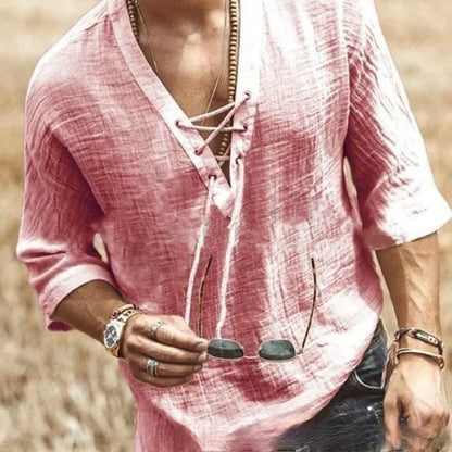 Cross border foreign trade men's V-neck lace up top casual summer solid color seven quarter sleeved men's shirt - Ellianto fashion Men's