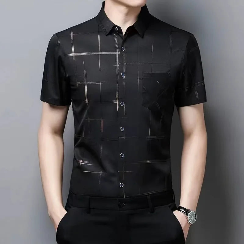 Summer Men Fashion Short Sleeve Shirt Ice Silk No Ironing Urban Casual Style Loose Fit Middle-aged Elderly