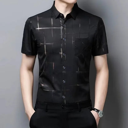 Summer Men Fashion Short Sleeve Shirt Ice Silk No Ironing Urban Casual Style Loose Fit Middle-aged Elderly