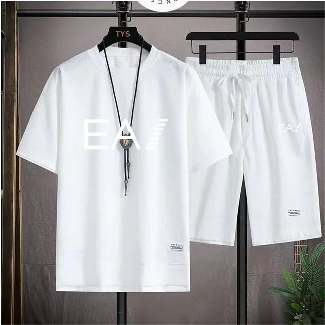 Set A new summer European men's breathable waffle round-neck short-sleeved and jogging sports shorts digital printing two-piece set - Ellianto fashion Men's