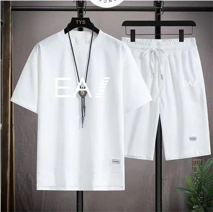 Set A new summer European men's breathable waffle round-neck short-sleeved and jogging sports shorts digital printing two-piece set - Ellianto fashion Men's