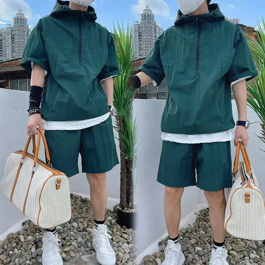 Summer Cargo Style Set Men's Casual Hooded Solid Short Sleeve T-shirt Shorts Loose Fashion High Quality Handsome Sweatshirt Suit - Ellianto fashion Men's